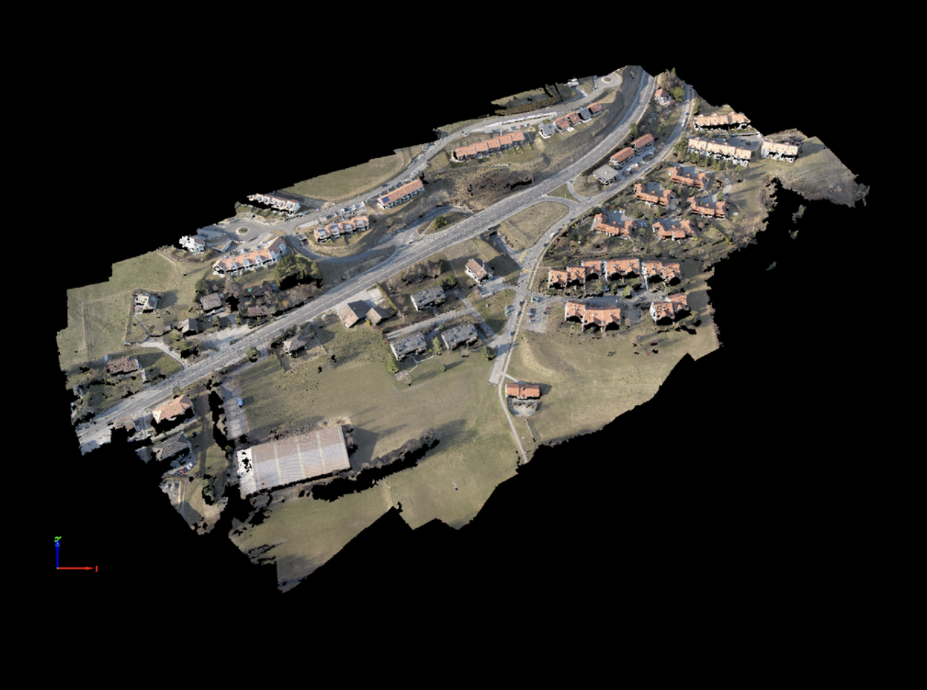 Digital Surface Model and orthomosaic reconstruction of a village showing roads, buildings, vegetation and open terrain