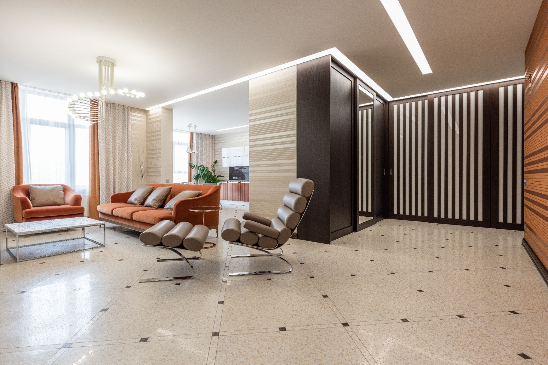 Interior 63514 — modern living room with terrazzo floors and slatted accent wall