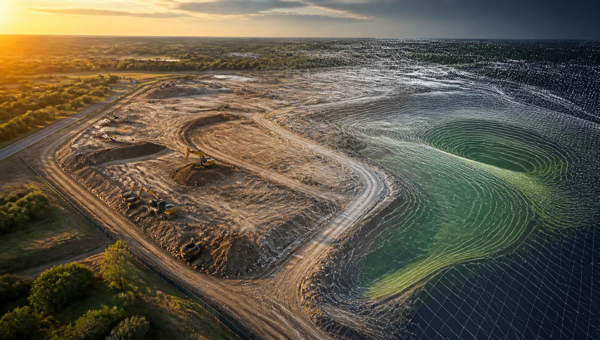 Aerial drone view of a Texas construction site transitioning into a 3D photogrammetry terrain model