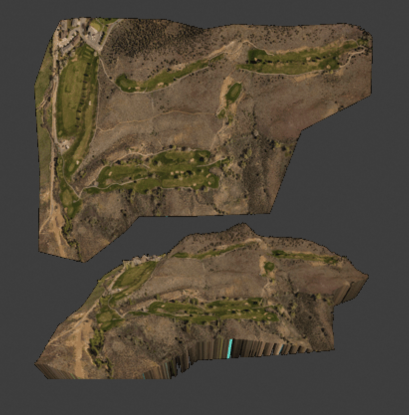 Aerial photogrammetry map of the back nine holes of a golf course showing fairways, greens, cart paths, terrain and surrounding vegetation