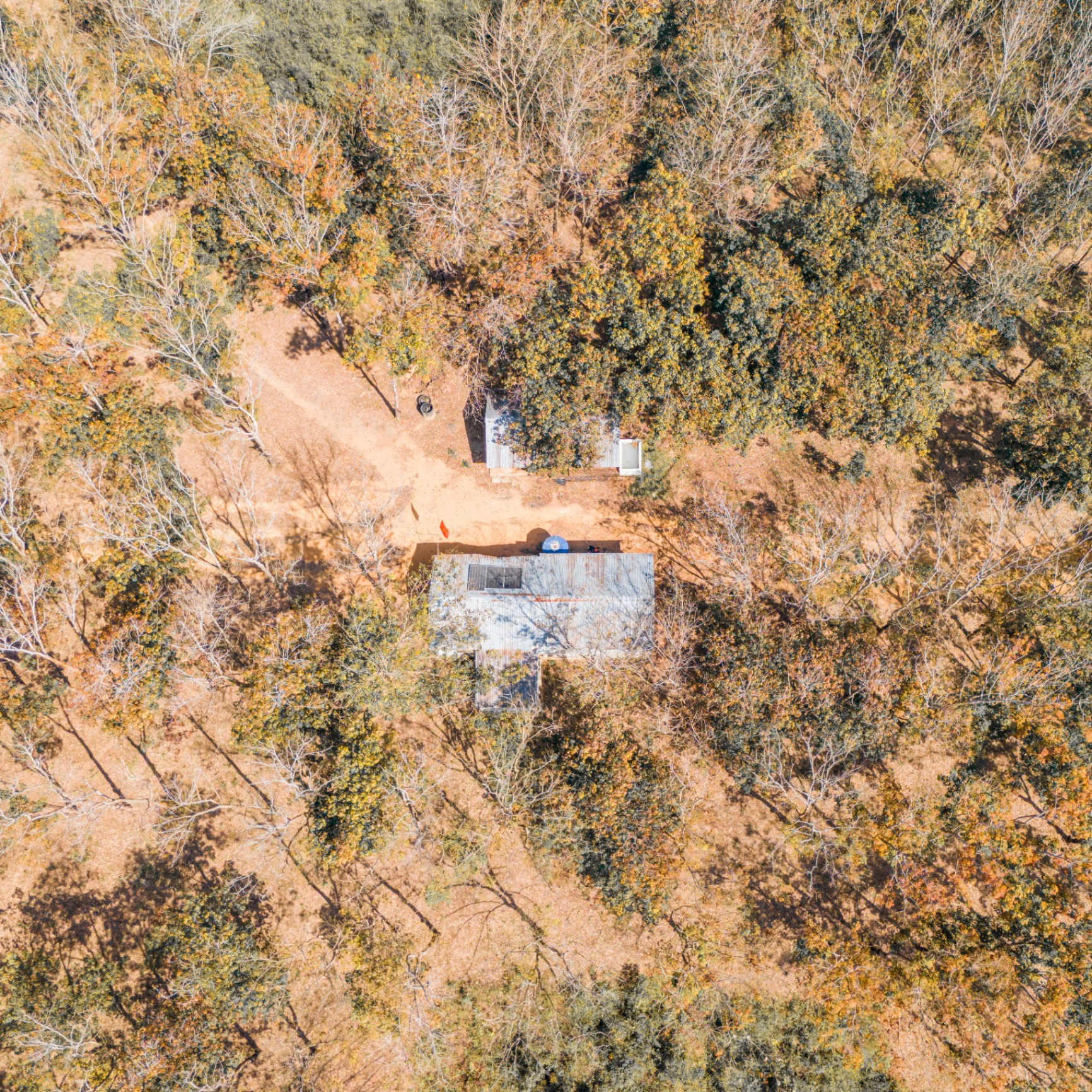 Top-down aerial of cabin in autumn woods