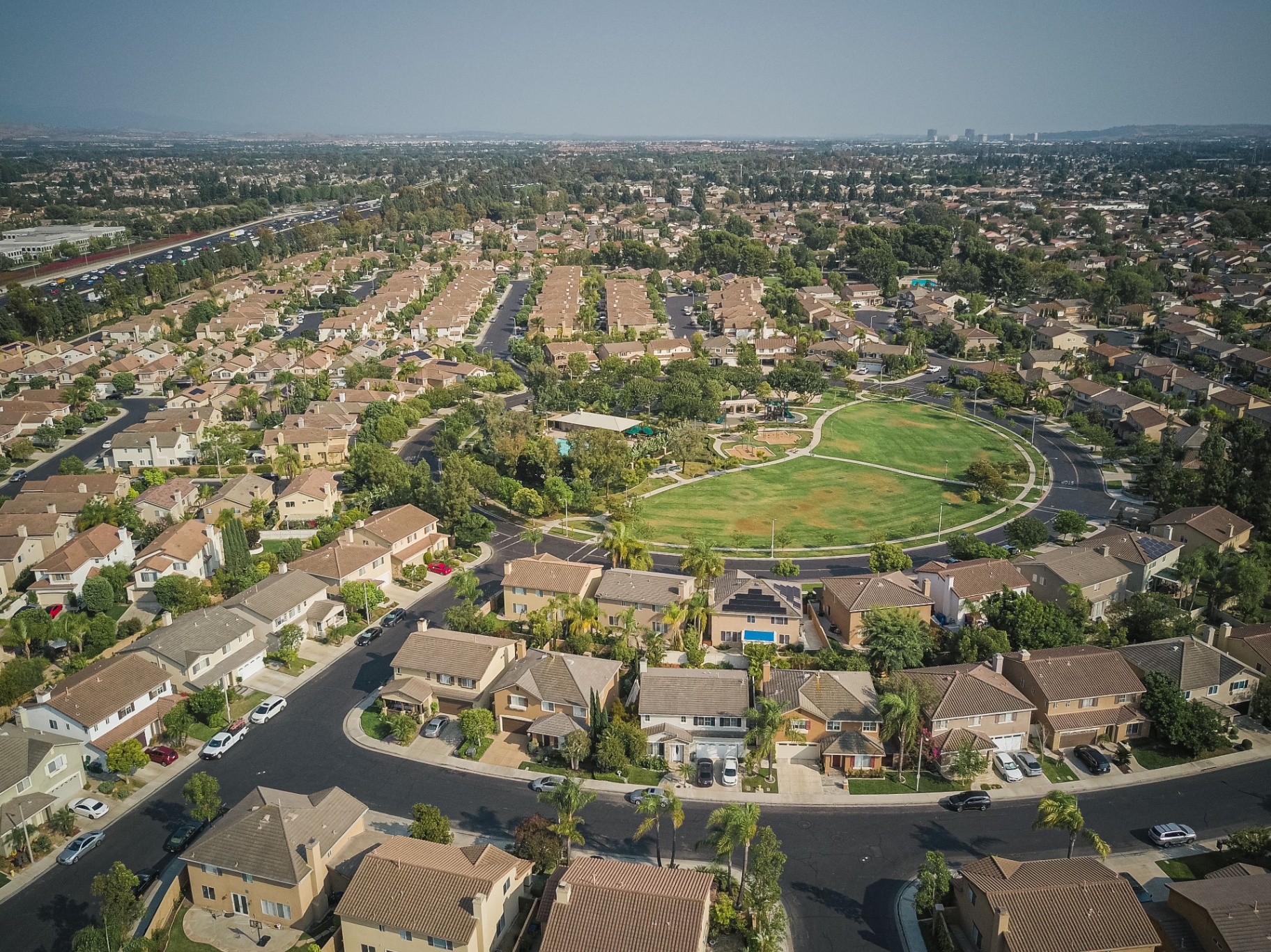Aerial view of master-planned community with park
